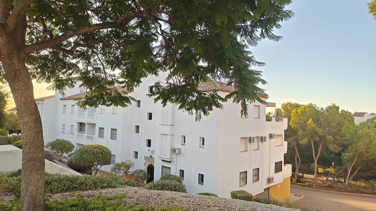 Low-rise white apartments among trees in neighbouring La Solana