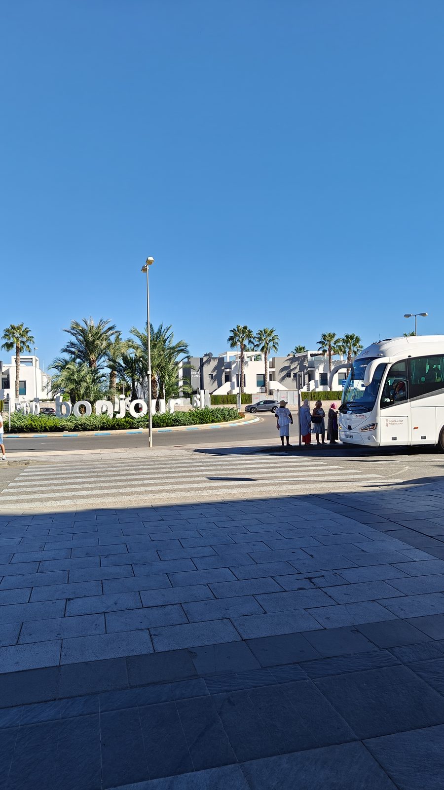 Coach stop and palm trees outside Zenia Boulevard