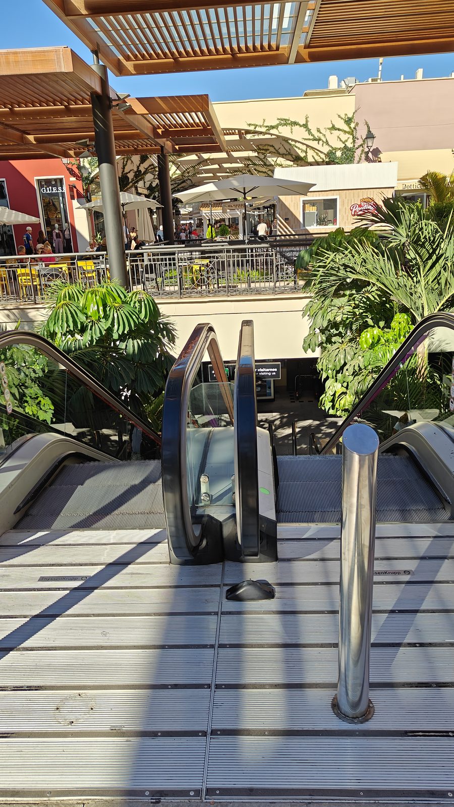 Outdoor escalator surrounded by tropical planting at Zenia Boulevard